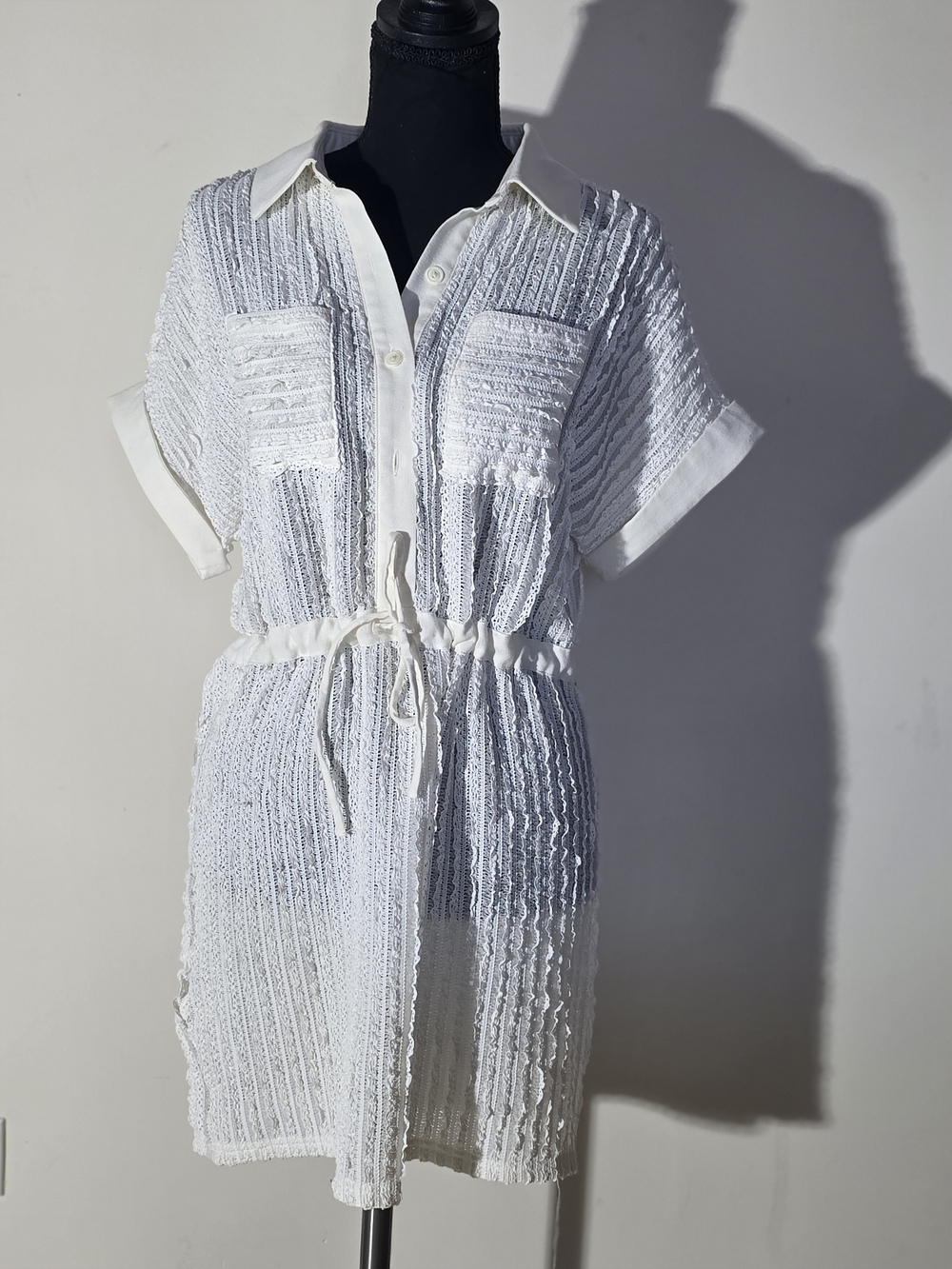 Lulu's White Crochet Button-Front Swim Coverup with Drawstring (Size XS)